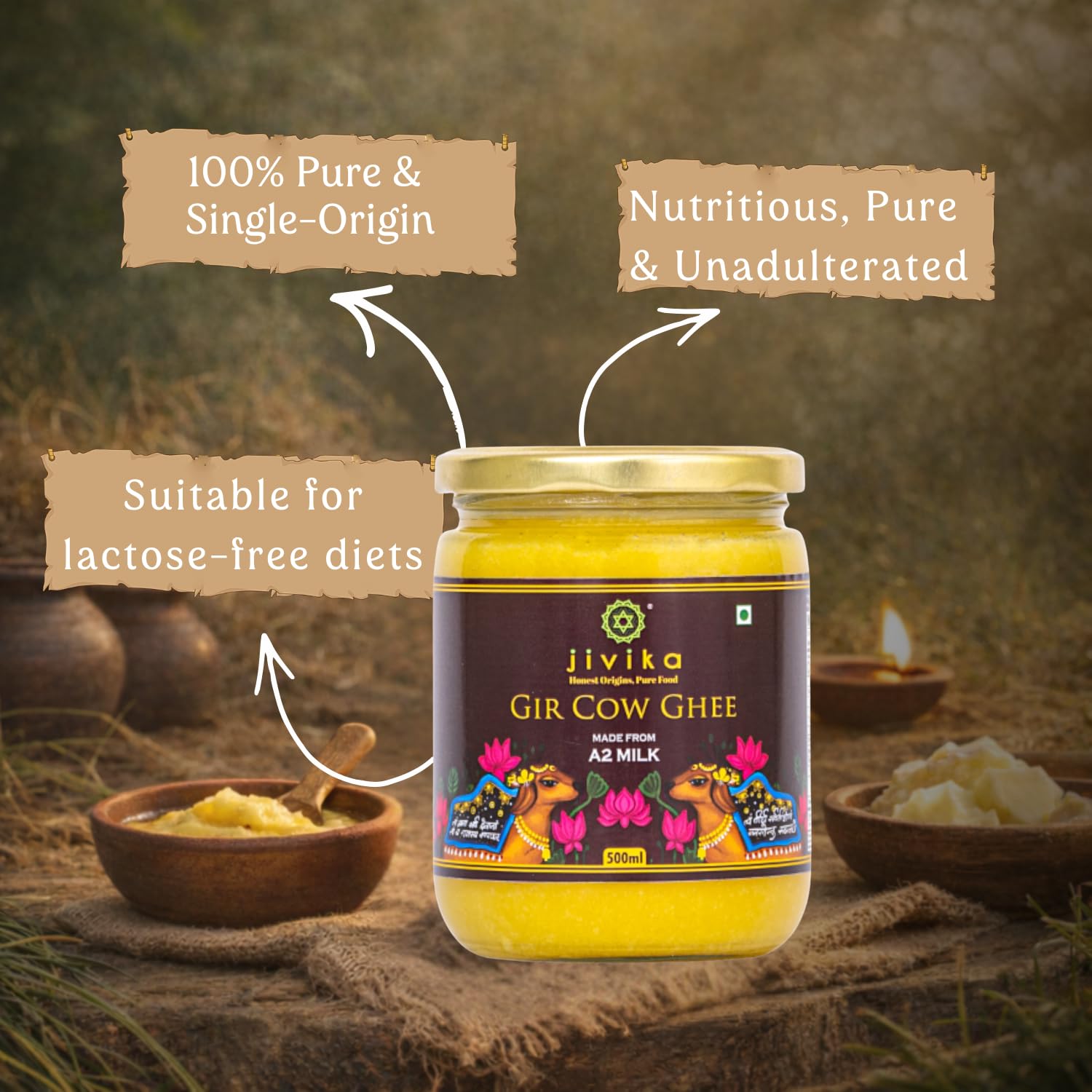 JIVIKA NATURALS Organics A2 Cow Ghee Bilona Method Gir Cow Hand Churned From Curd Lab Tested Glass Jar Pure Ghee Natural Ghee Healthy Ghee Made in Bilona Gir Cow 500ml