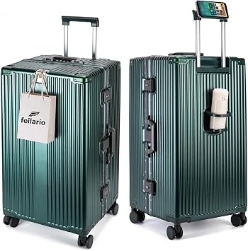 feilario 26in Aluminum Frame Hardside Spinner Wheels Luggage, Zipperless Checked Super Large Captain Suitcase with Cup Holder/Phone Holder Green,26in