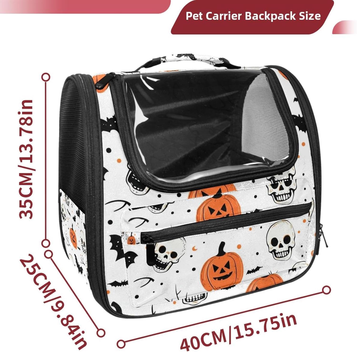 Portable Travel pet Backpack Carrier Hamster Bag Small Dog cat Carrier Breathable Hang Bag, Halloween Skulls Pumpkins Bats