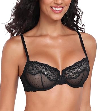 Lemorosy Women's Plus Size Sexy Unpadded Underwire Lace Balconette Unlined Demi Sheer Bra
