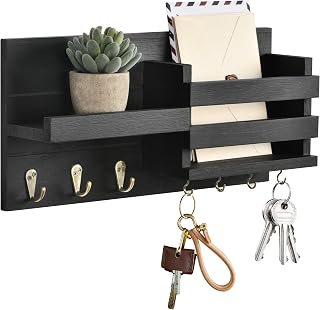 Key Holder for Wall Decorative, Rustic Key Rack with 7 Key Hooks, Wall Mounted Mail and Key Holder with Shelf for Entryway (Black)