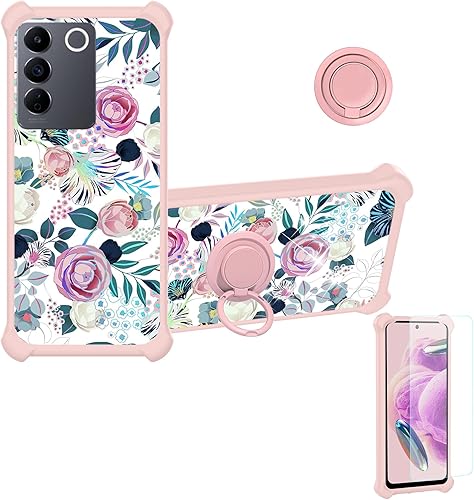 jioeuinly Funda para Vivo V27e compatible con Vivo V27e con protector de pantalla de vidrio templado, soporte de anillo, luz reflectante colorida,