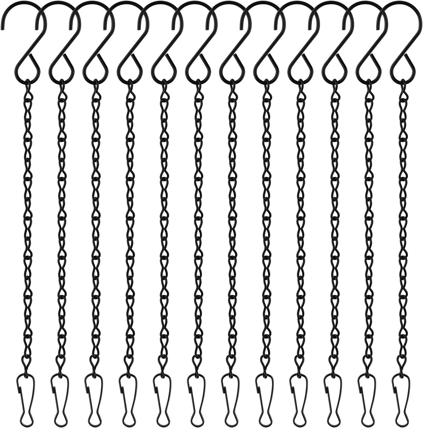 FEPITO 12 Pack Black Hanging Chains, 10 Inch Hanging Basket Chains, Garden Plant Hangers Metal Chains with Hooks Clips for Bird Feeders, Wind Chimes, Lanterns, Planters, Decorative Ornaments