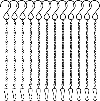 FEPITO 12 Pack Black Hanging Chains, 10 Inch Hanging Basket Chains, Garden Plant Hangers Metal Chains with Hooks Clips for Bird Feeders, Wind Chimes, Lanterns, Planters, Decorative Ornaments