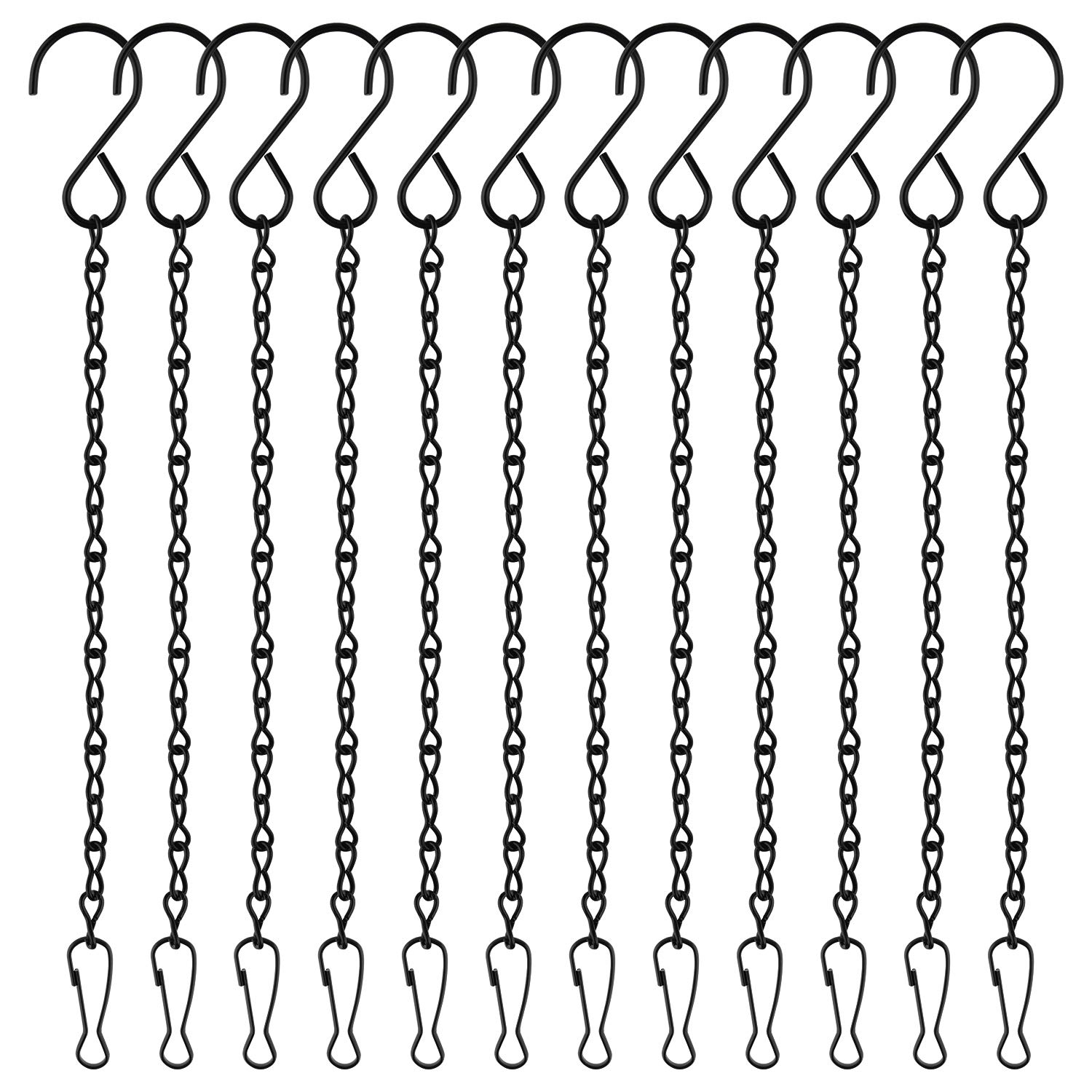 FEPITO 12 Pack Black Hanging Chains, 10 Inch Hanging Basket Chains, Garden Plant Hangers Metal Chains with Hooks Clips for Bird Feeders, Wind Chimes, Lanterns, Planters, Decorative Ornaments