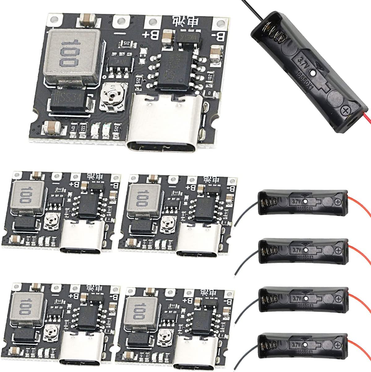 5 pcs 18650 Lithium Li-ion Battery Charger Board 3.7V 4.2V to 5V/9V 1A DC-DC Step Up Boost Module Adjustable charge and discharge + 5 pcs 18650 battery box