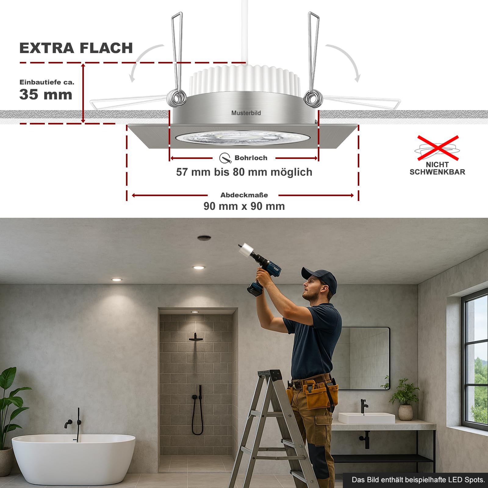 trendlights24 Mare IP44 Decken LED Bad Einbaustrahler flach 230V 5W 5er Set | Einbauleuchte, ultra flach, 35 mm ET, LED Spot, 400lm, 4000k, Neutralweiß, Edelstahl Optik gebürstet, eckig, Feuchtraum