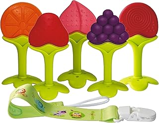 Anneaux de Dentition Bébé Réfrigérateur Jouets de Dentition pour Bébé Fruits Silicone Approuvés par la avec Chaîne Anti-Chute (5 pièces) sans BPA