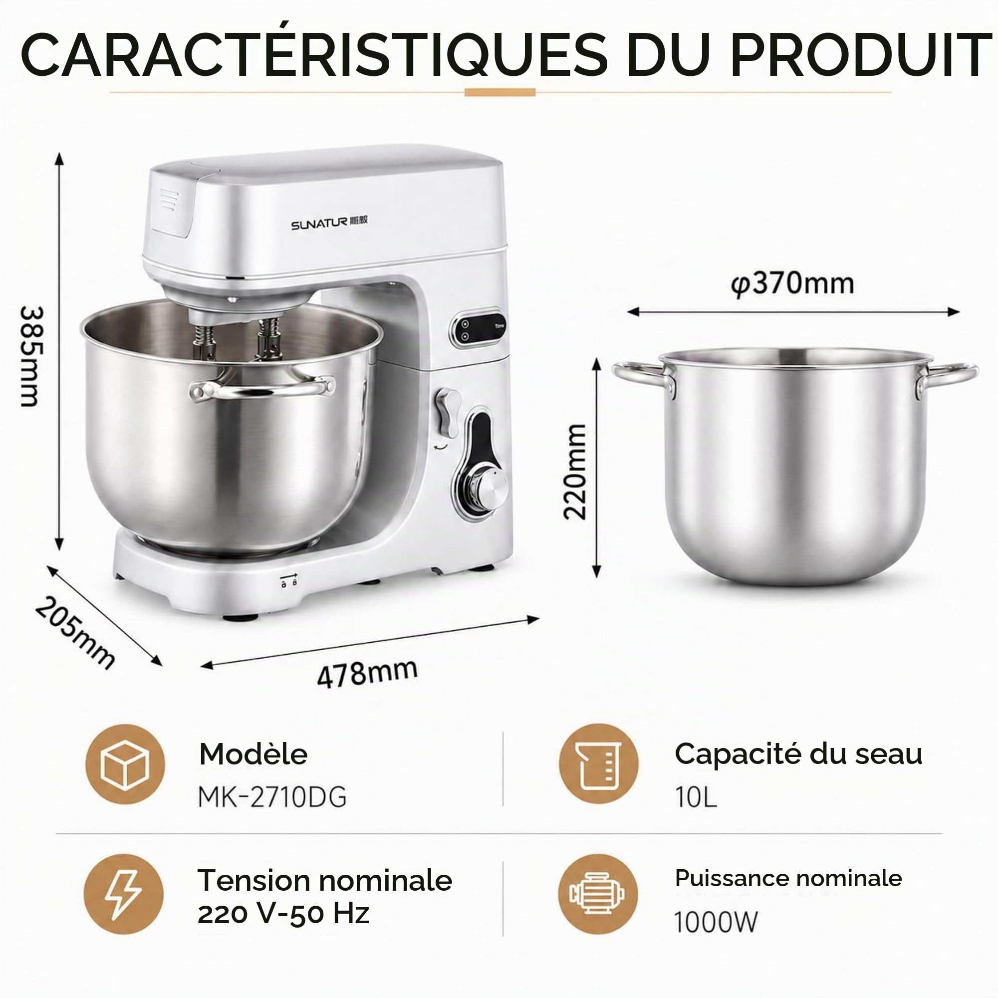 robot pâtissier sur socle Cuvette à Grande Capacité 10L, Moteur DC Silencieux 1000W, Corps en Métal, Double Lame, Minuterie Intelligente, Affichage Numérique HD + Régulation P+6 Vitesses