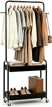 LDAILY Small Rolling Clothes Rack, Heavy Duty Clothing Rack with 2 Baskets, 4 Wheels for Hanging Clothes & Storage, Multi-Purpose Portable Closet for Bedroom, Living Room, Laundry, Small Space Black