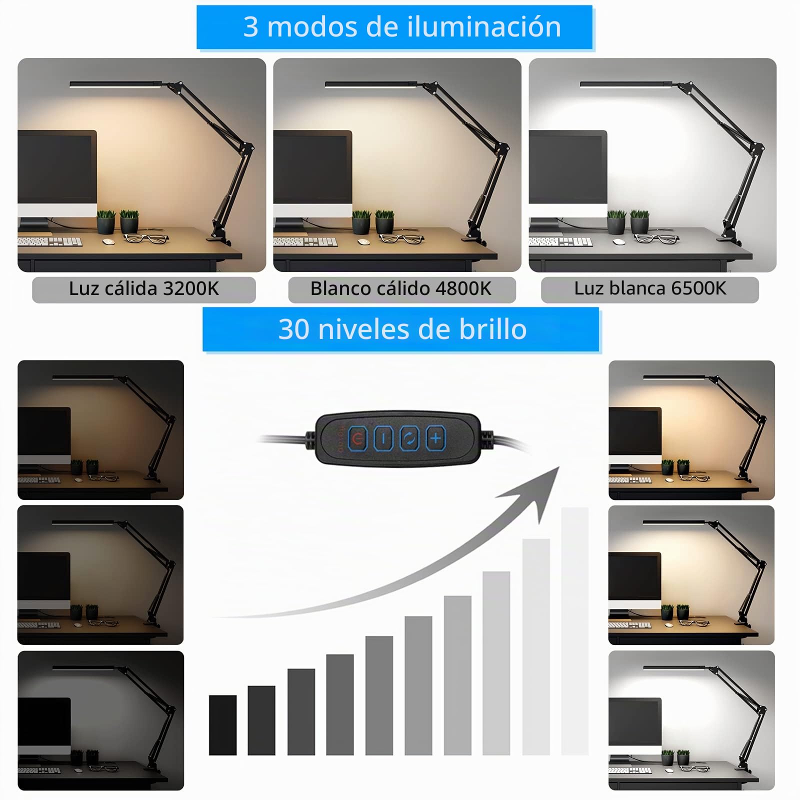 SKYLEO Lámpara Escritorio LED - Flexo LED Escritorio Potente con clip - Protección ocular Lampara - 3 modos de luz X 10 niveles de brillo - Negro