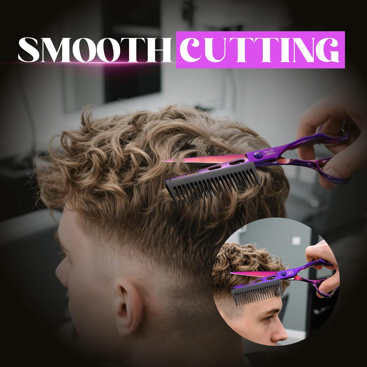JASON 6 Inch 2 IN 1 Hair Cutting Scissors With Detachable Comb Professional Barber Shears 440C Japanese Stainless Steel with Ergonomic Hair Cutting Shears Offset Handle Razor Sharp Comfortable Purple