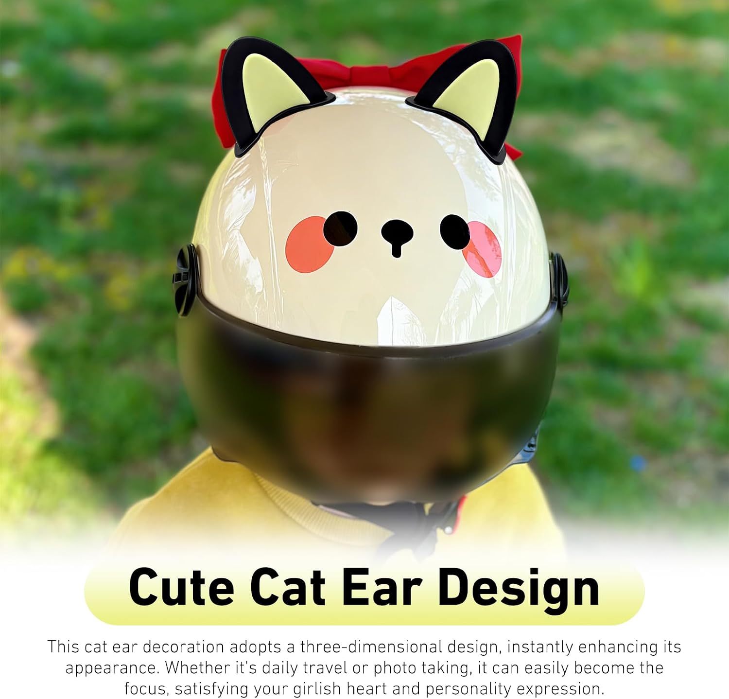 2 Pairs Cute Cat Ears Helmet Decorations, Removable Kitty Ear Stickers, Self Adhesive Kitty Ear Attachments, Universal for Most Bike, Electric Scooter & Motorcycle Helmets (Black & Yellow) image 4