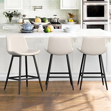 Cozyman 24 inch Counter Stool, Modern Bucket Barstool Set of 3, Barstools with Back and Footrest, Faux Leather Bar Stools for Kitchen Island Restaurants, Antique White