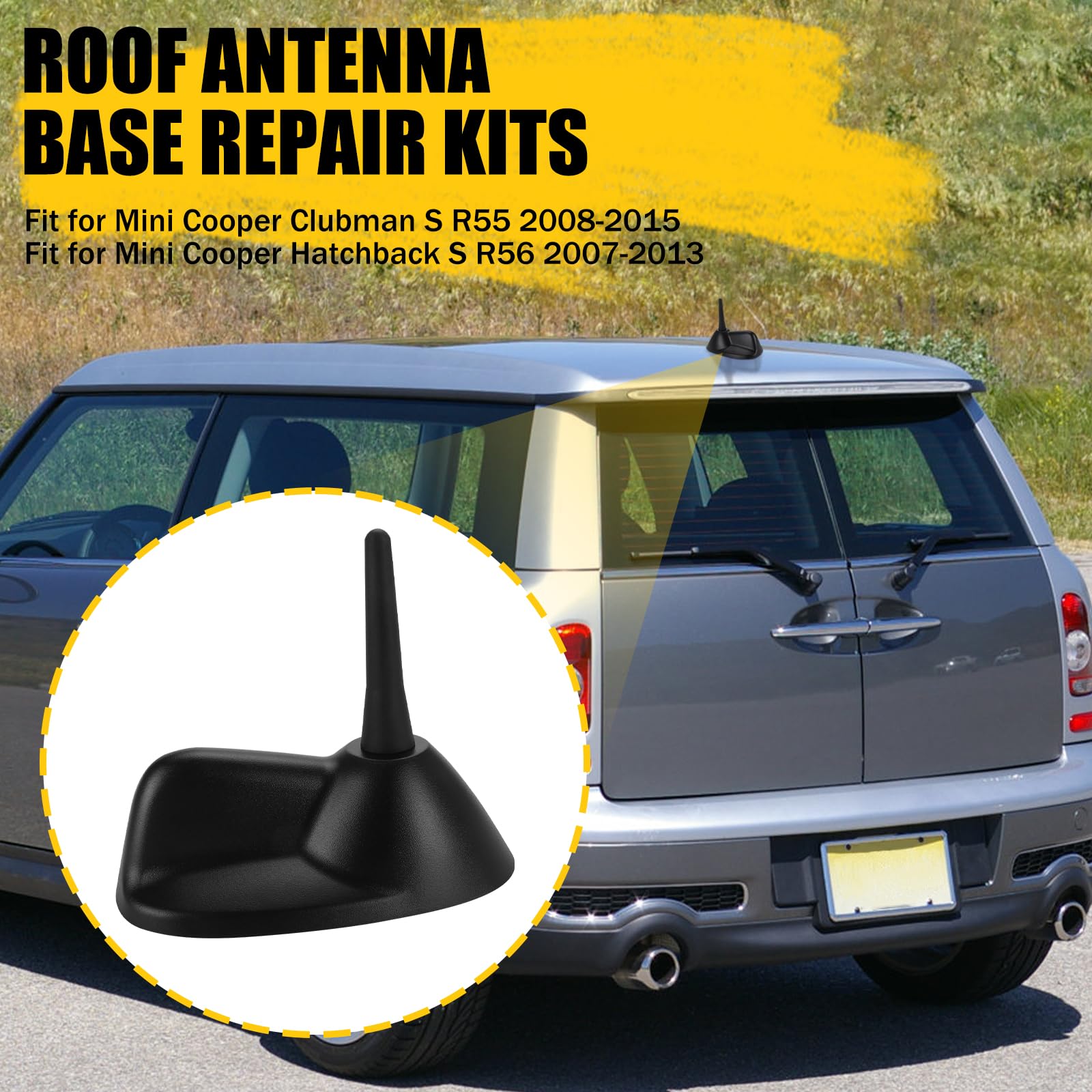 Large Type Roof Antenna Mount Base Compatible with Mini Cooper Clubman S R55 2008-2015/Hatchback S R56 2007-2013 Black with Sport Antenna and Rubber Gasket Car Asseccories, OE Replace# 65203456090