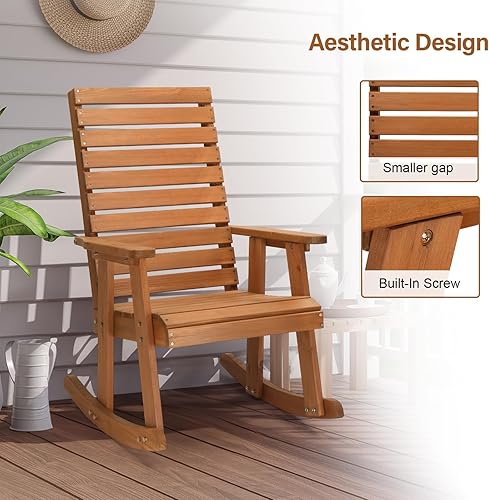 Miniatura 5 de VINGLI Mecedora de madera con respaldo alto, madera de abeto maciza, mecedora de patio resistente de 600 libras para interiores y exteriores,