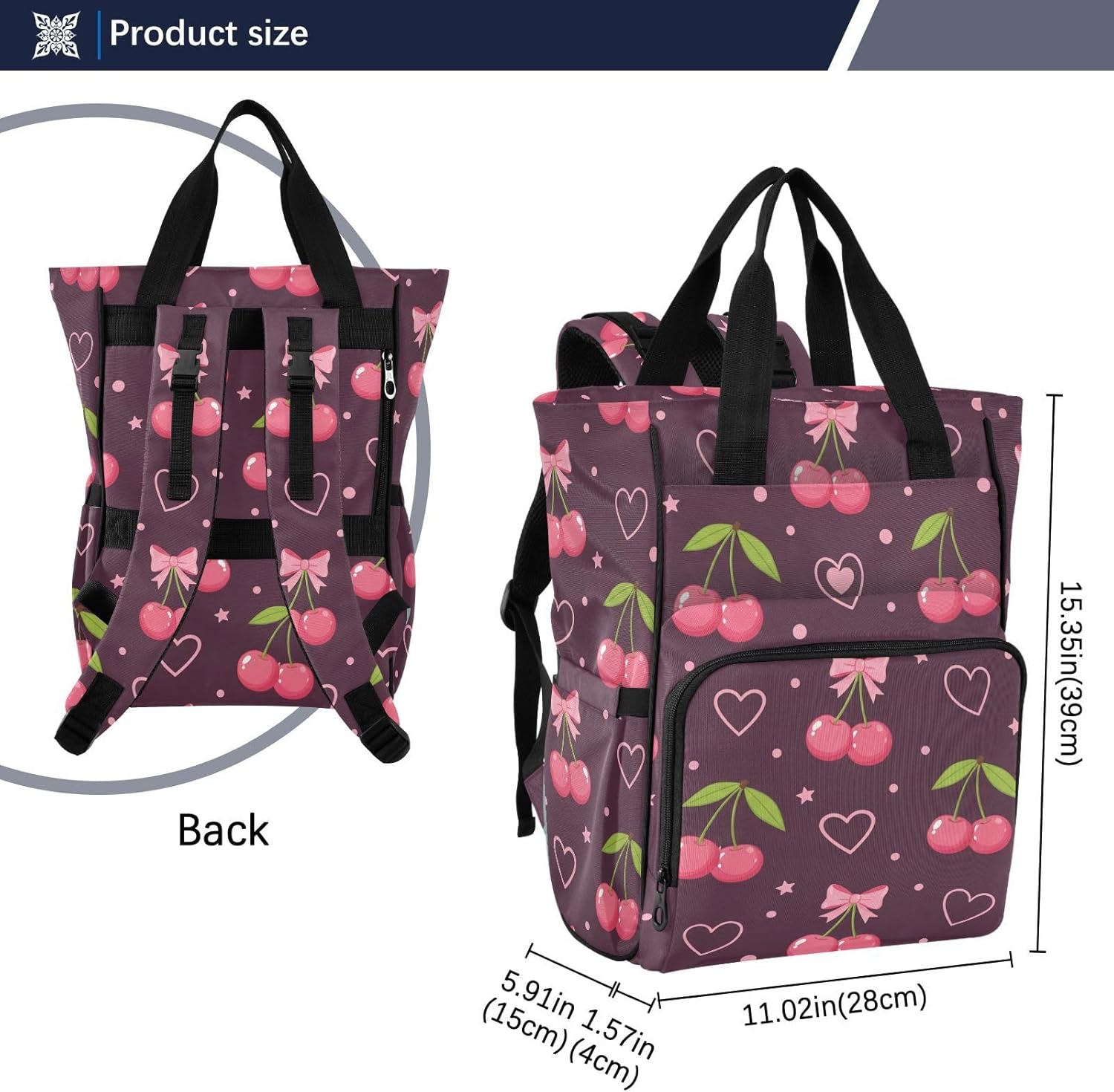 Cute Cherries Bows Purple Pattern Diaper Bag Backpack for Baby Boys Girls Multifunction Baby Essentials Travel Tote with Stroller Straps & Bottle Storage Nappy Changing Bag for Baby Shower Gifts