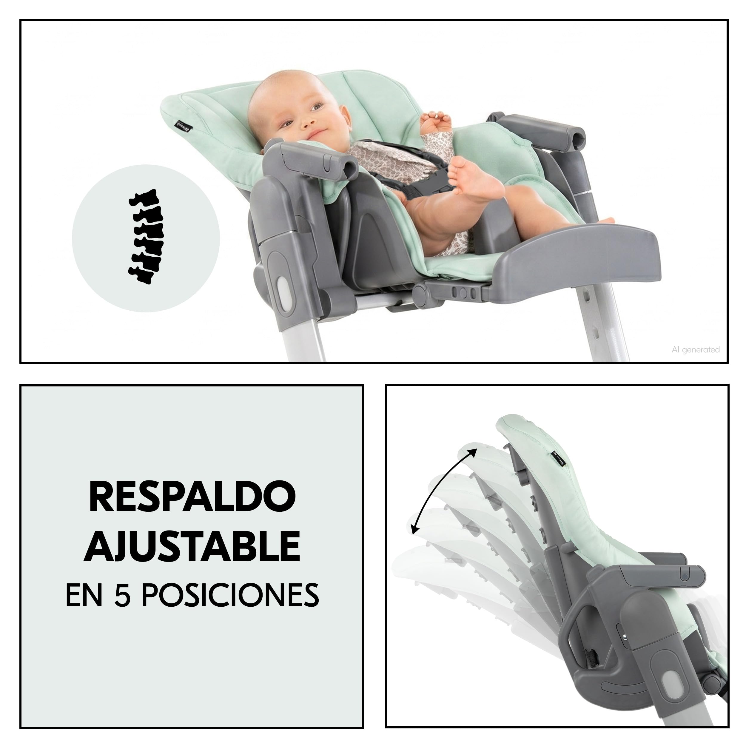 hauck Grow Up Tronas de Bebe Plegables Aptas desde el Nacimiento – Silla Alta con Función Acostada - Bandeja - Ruedas - Altura Regulable - Evolutiva - Portátil - Menta