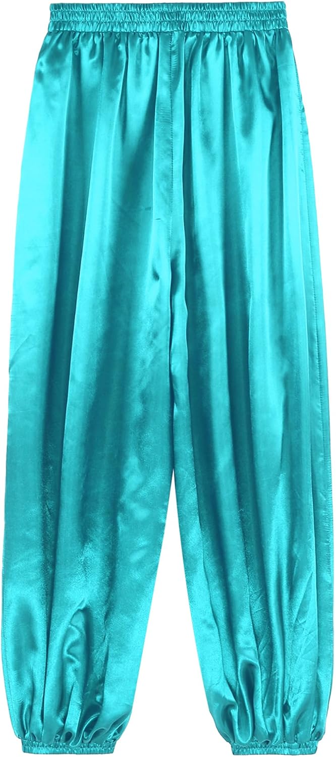 iiniim Womens Belly Dance Pants Elastic Waistband Satin Harem Pants Dancing Tribal Harem Pants Latern Bloomers Pants