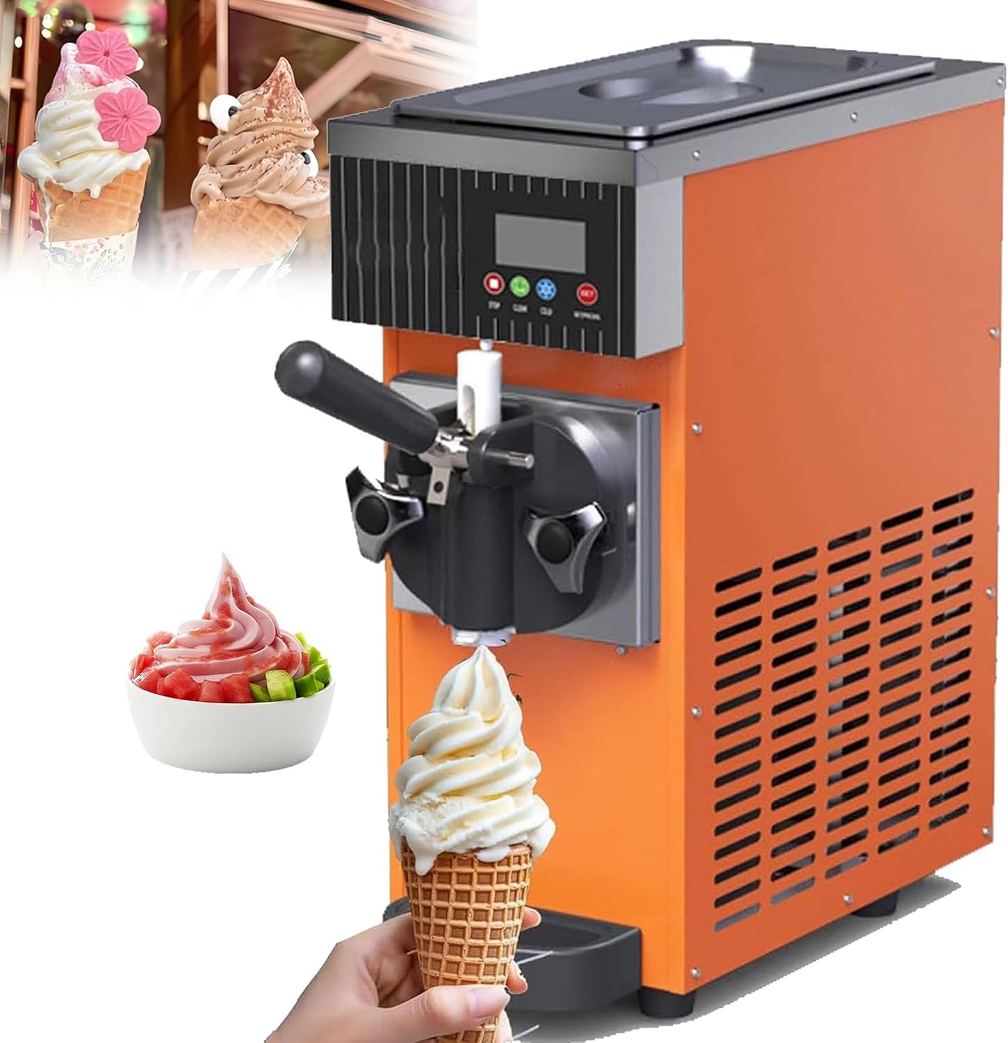 Automatic Soft Serve Machine 450W / 750W, with LED Display + Auto Clean, Intelligent Control/Fast Refrigeration, Stainless Steel, for Restaurants, Cream Shops,450W,Orange