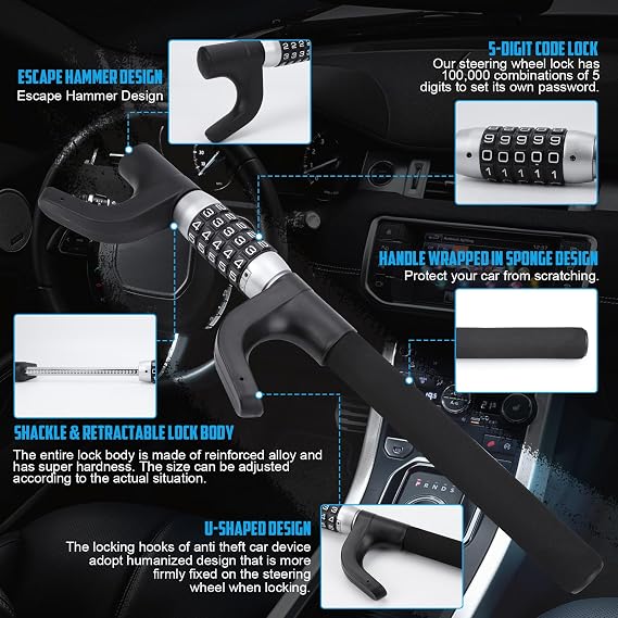 Car Steering Lock Anti-Theft,Keyless Password High Security Wheel Lock Heavy Duty Adjustable Length Vehicle Locks Protective Universal Wheel Lock Compatible with Car Truck SUV-