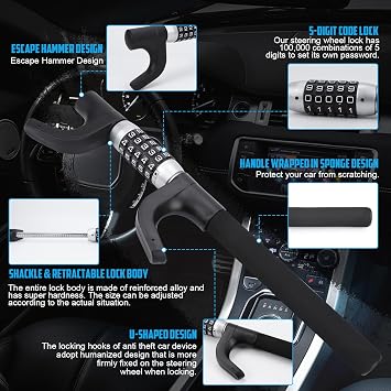 Car Steering Lock Anti-Theft,Keyless Password High Security Wheel Lock Heavy Duty Adjustable Length Vehicle Locks Protective Universal Wheel Lock Compatible with Car Truck SUV-