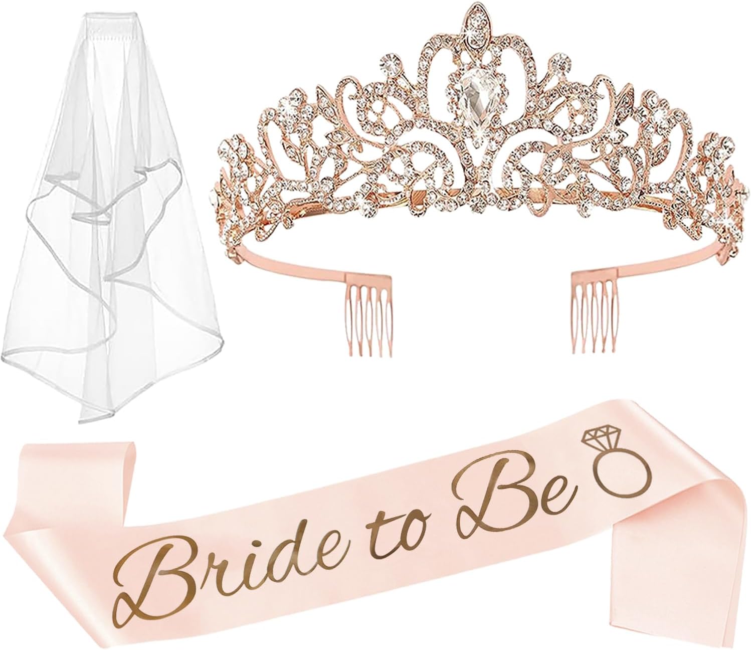 3 Pcs Bachelorette Party Decorations Bridal Shower Crown, Bride to Be Sash&Veil for Women Bachelorette Party Gifts, Bachelorette Party Supplies, Gifts, Favors (Rose Gold)