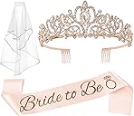 JETKONG 3 Pcs Bachelorette Party Decorations Bridal Shower Crown, Bride to Be Sash&Veil for Women Bachelorette Party Gifts, Bachelorette Party Supplies, Gifts, Favors (Blush Gold)