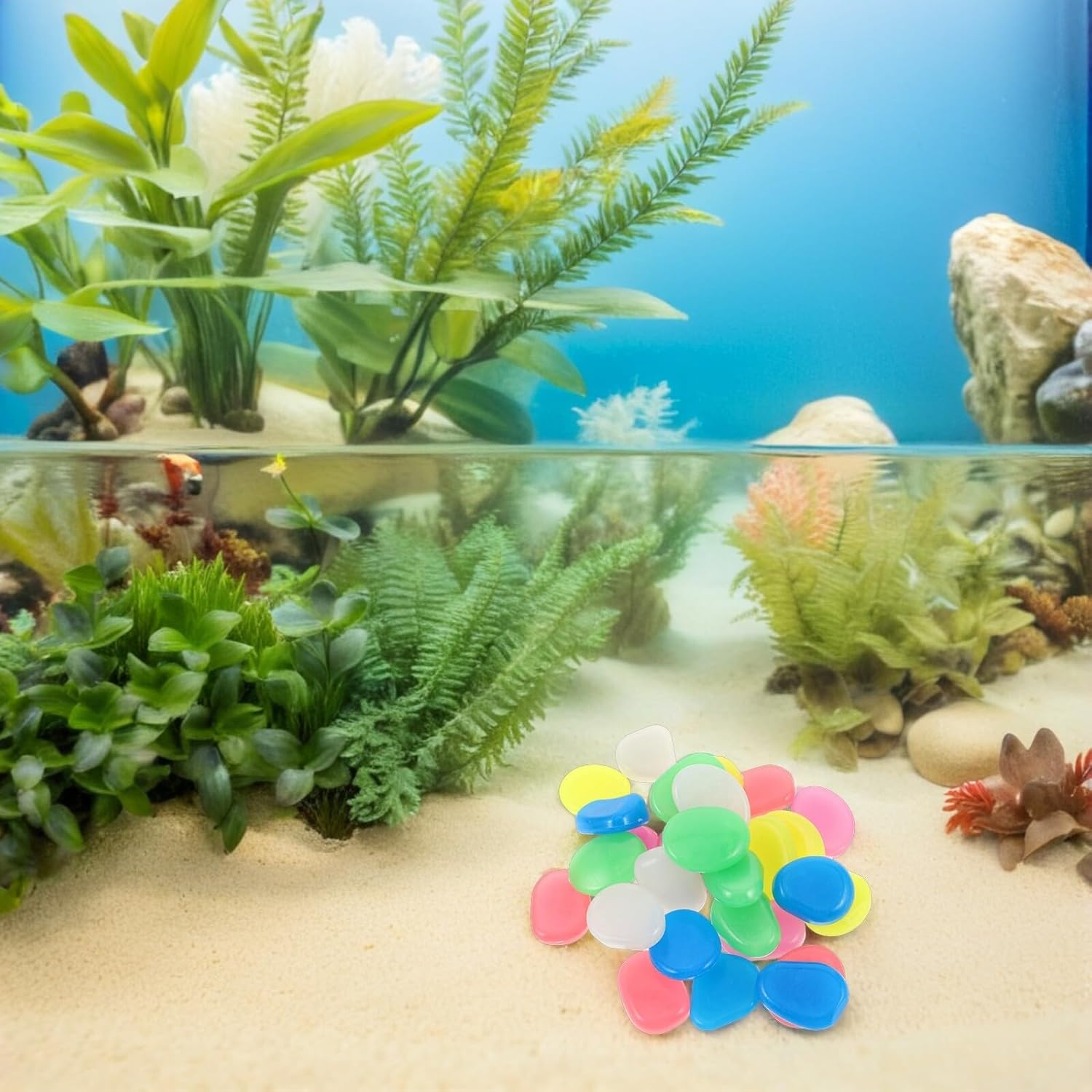 Gadpiparty 55pcs Glow in The Dark Aquarium Pebbles and Decorative Garden Stones, 4.5cm Luminous Glowing Rocks for Fish Tank, Succulent Plant, Outdoor Walkway, and Indoor Aquarium Landscaping