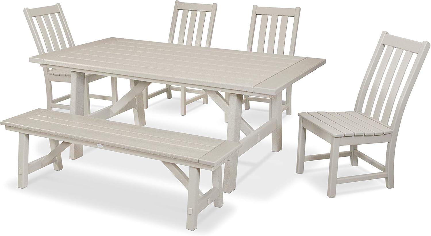 POLYWOOD Vineyard 6-Piece Outdoor Dining Set Black - HDPE Composite Patio Furniture Set with 4 Farmhouse Dining Chairs, Bench and Table - All-Season Backyard Deck Garden Furniture
