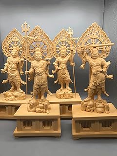 木彫りの仏像【四天王立像、持国天・広目天・増長天・多聞天の4体セット】総高28.5cm 桧木製高級木彫り (原木)