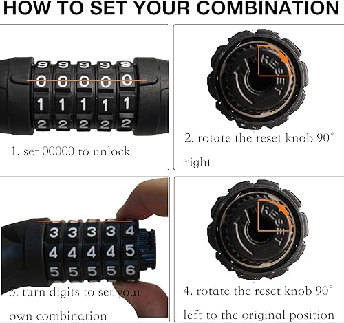Miniatura 5 de Cadena de bloqueo de bicicleta resistente, combinación de 5 dígitos, cerradura antirrobo para bicicleta, 3.2 pies de largo, seguridad reiniciable,