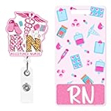 RN Badge Reel and Buddy, Pink Retractable ID Holder and Glitter Vertical Badge Card for Registered Nurse, Cute Gifts for RN Nurses