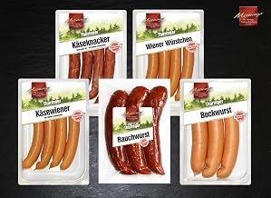 Thüringer Wurst Tasting Set - 5 Specialities by Meininger Wurstspezialitäten - Cheese Seed, Viennese Sausages, Bockwurst, Cheese Cracker Debreziner Art & Rauchwurst - Gift Set, Bread Time & Grill