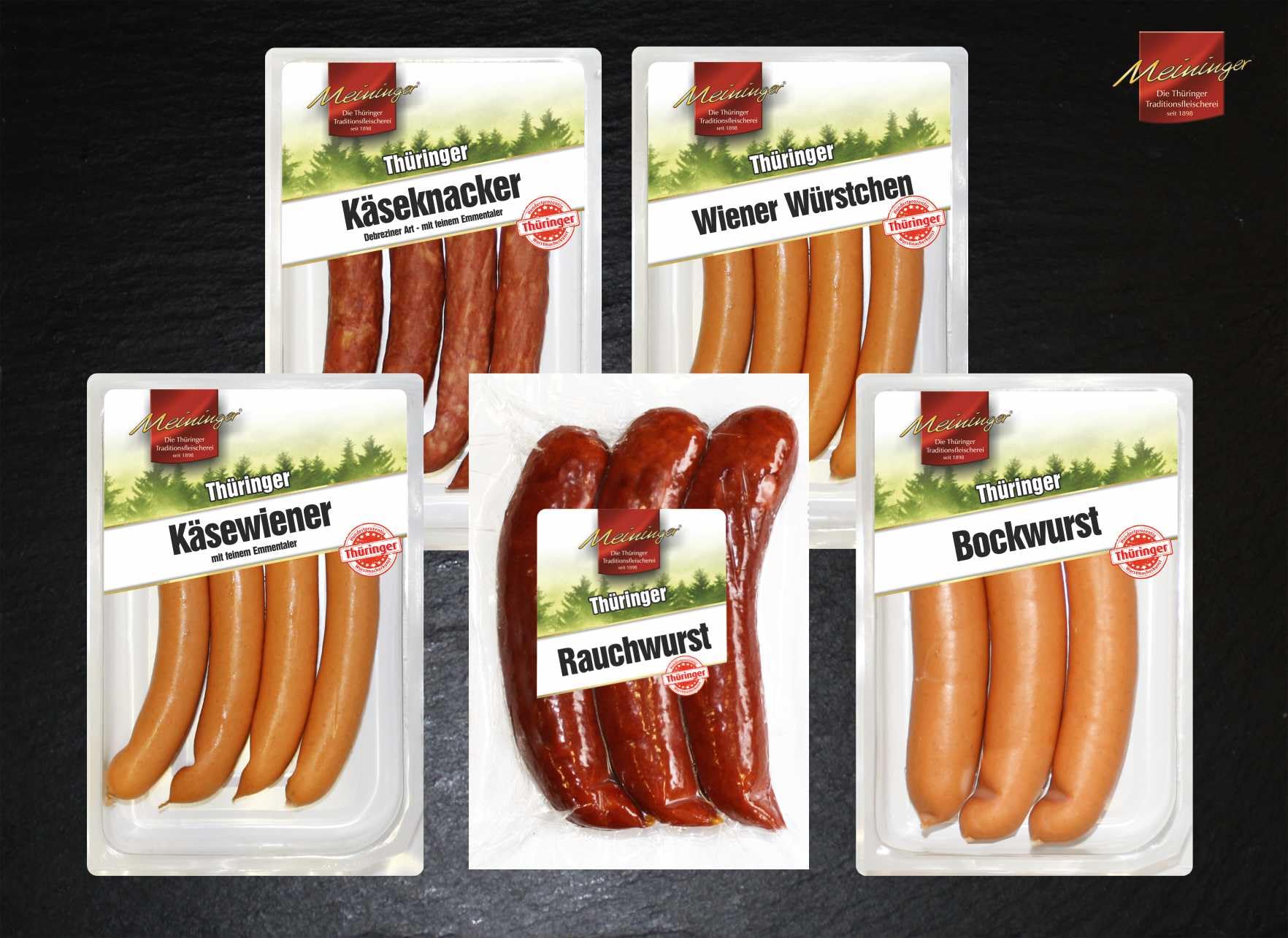 Thüringer Wurst Probier-Set – 5 Spezialitäten von Meininger Wurstspezialitäten – Käsewiener, Wiener Würstchen, Bockwurst, Käseknacker Debreziner Art & Rauchwurst – Geschenkset, Brotzeit & Grill