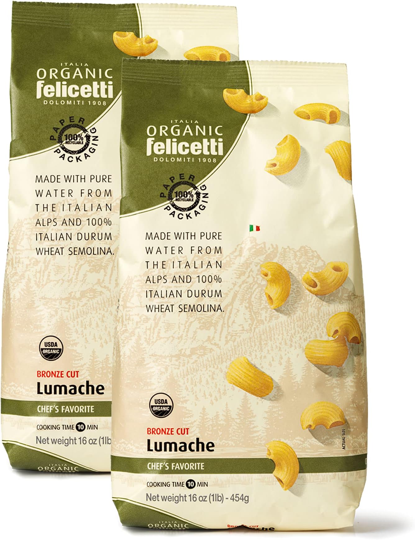 Organic Felicetti Lumache Pasta Italian Non-GMO 16oz (454g) 2 Pack