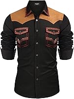 COOFANDY Men's Embroidered Western Cowboy Shirt - 100% Cotton Long Sleeve Slim Fit Button Down with Pockets