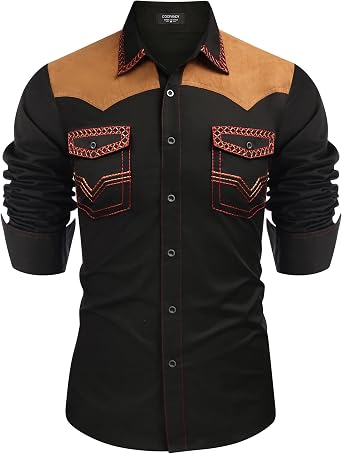 COOFANDY Mens Western Cowboy Shirt Embroidered Long Sleeve Slim Fit Casual Cotton Button Down Hippie Shirts with Pockets