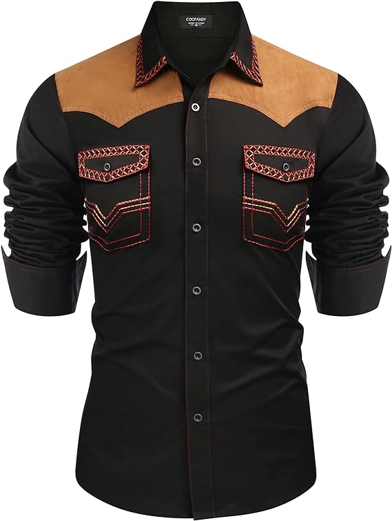 COOFANDY Men's Western Cowboy Shirt Embroidered Long Sleeve Slim Fit Casual Cotton Button Down Hippie Shirts with Pockets