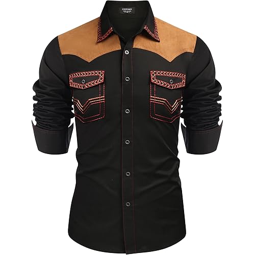 COOFANDY Men's Western Cowboy Shirt Embroidered Long Sleeve Slim Fit Casual Cotton Button Down Hippie Shirts with Pockets