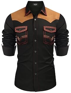 COOFANDY Mens Western Cowboy Shirt Embroidered Long Sleeve Slim Fit Casual Cotton Button Down Hippie Shirts with Pockets