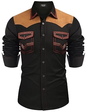 COOFANDY Mens Western Cowboy Shirt Embroidered Long Sleeve Slim Fit Casual Cotton Button Down Hippie Shirts with Pockets