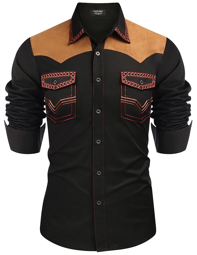 COOFANDY Mens Western Cowboy Shirt Embroidered Long Sleeve Slim Fit Casual Cotton Button Down Hippie Shirts with Pockets