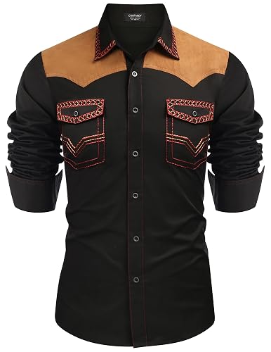 COOFANDY Men's Western Cowboy Shirt Embroidered Long Sleeve Slim Fit Casual Cotton Button Down Hippie Shirts with Pockets - Black - Large