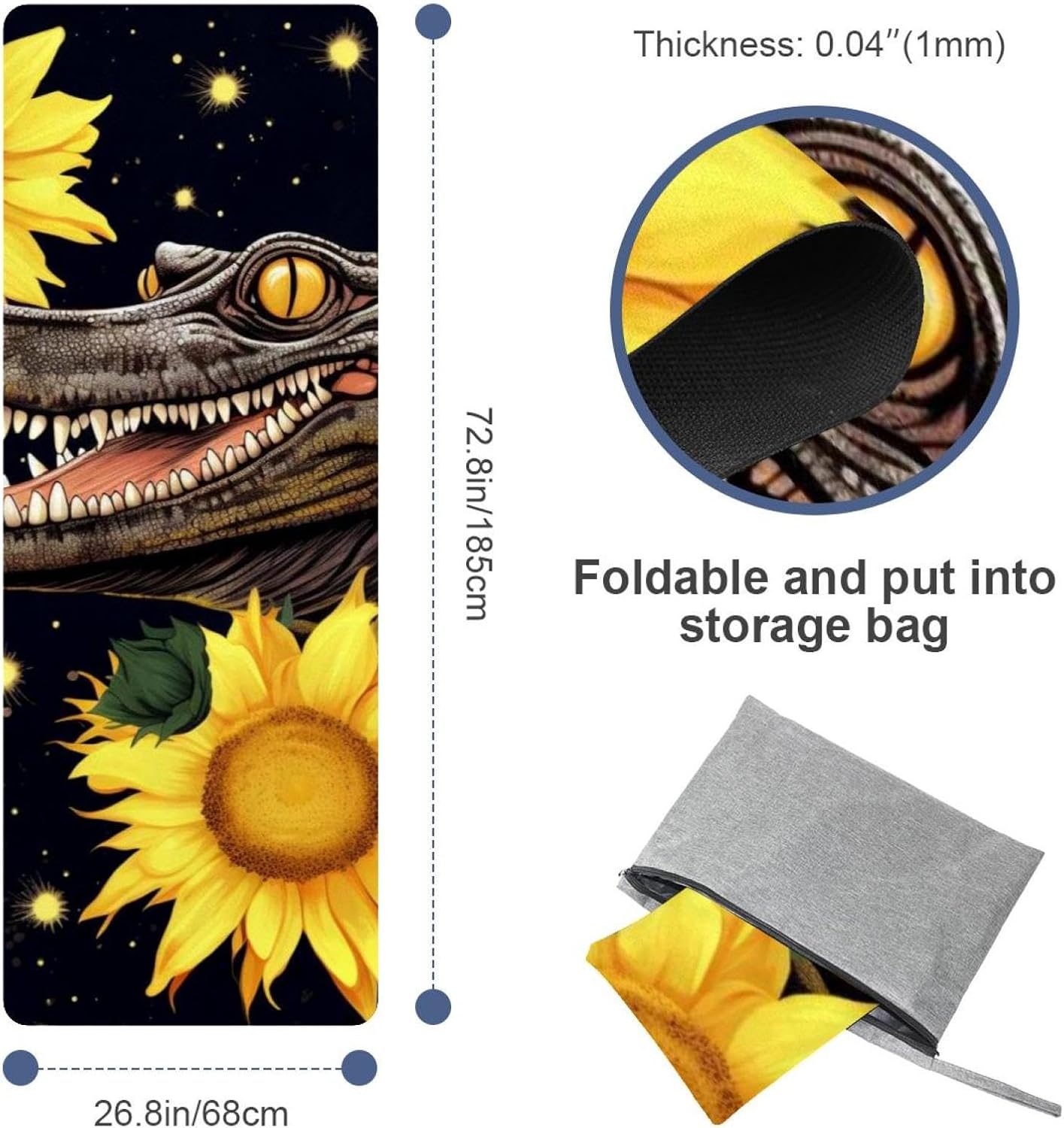 Yoga Towel, Crocodile Star Sunflower Non Slip Sweat Absorbent Hot Yoga Mat Towel for Hot Yoga, Pilates and Fitness - 72.8" x 26.8"