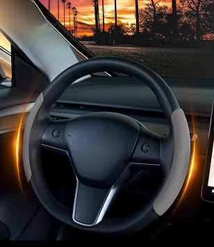 Custom fit for Tesl-a Nappa Leather Steering Wheel Cover Compatible with Tesl-a Model 3/Y 2016-2025 2026 Juniper/Highland, Non-Slip Breathable Model 3/Y Steering Wheel Protector Gray