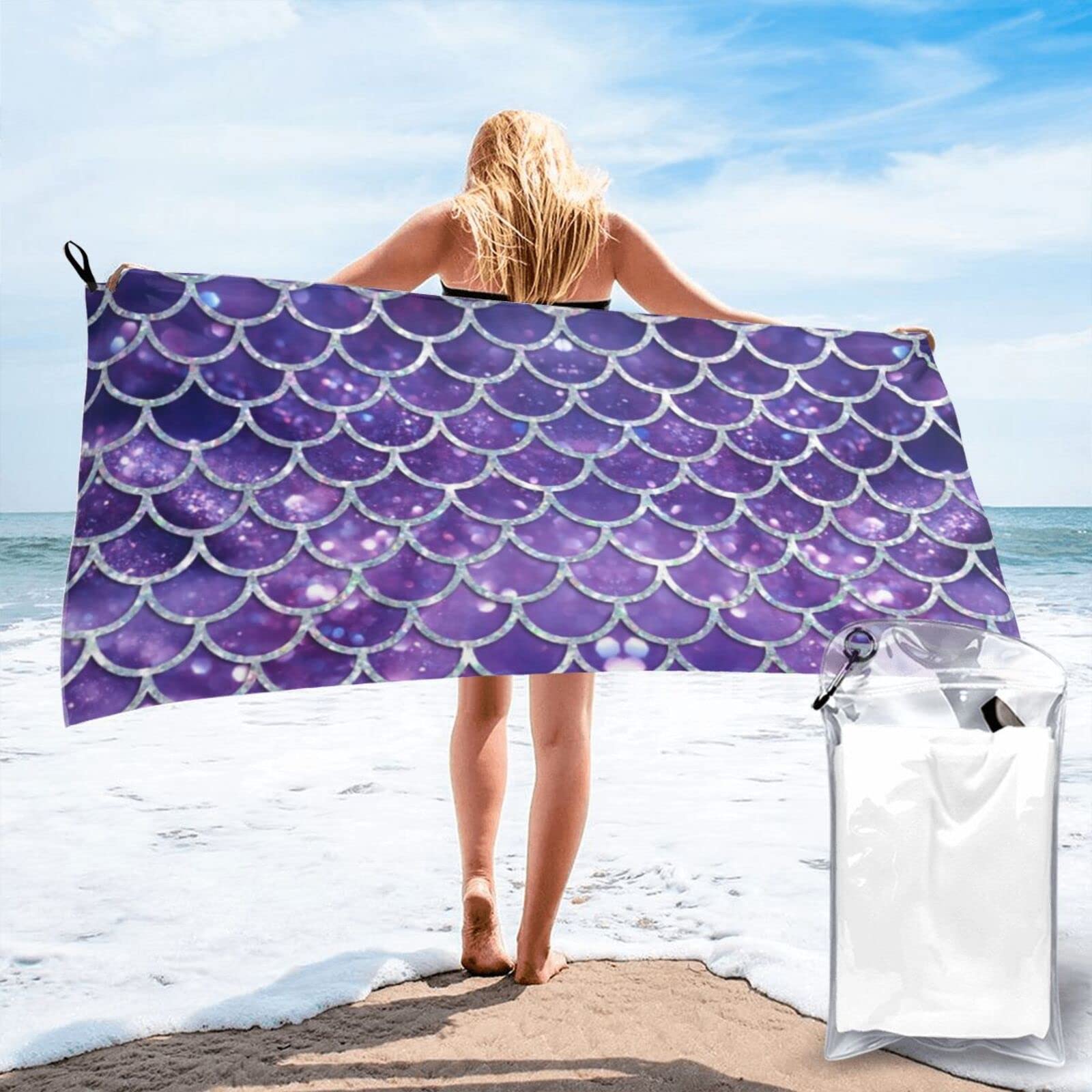 Lawenp Fish Scales Microfiber Beach Towel Adults Large Quick Drying Bath Towel Travel Towels with Pouch 31.5"x63"