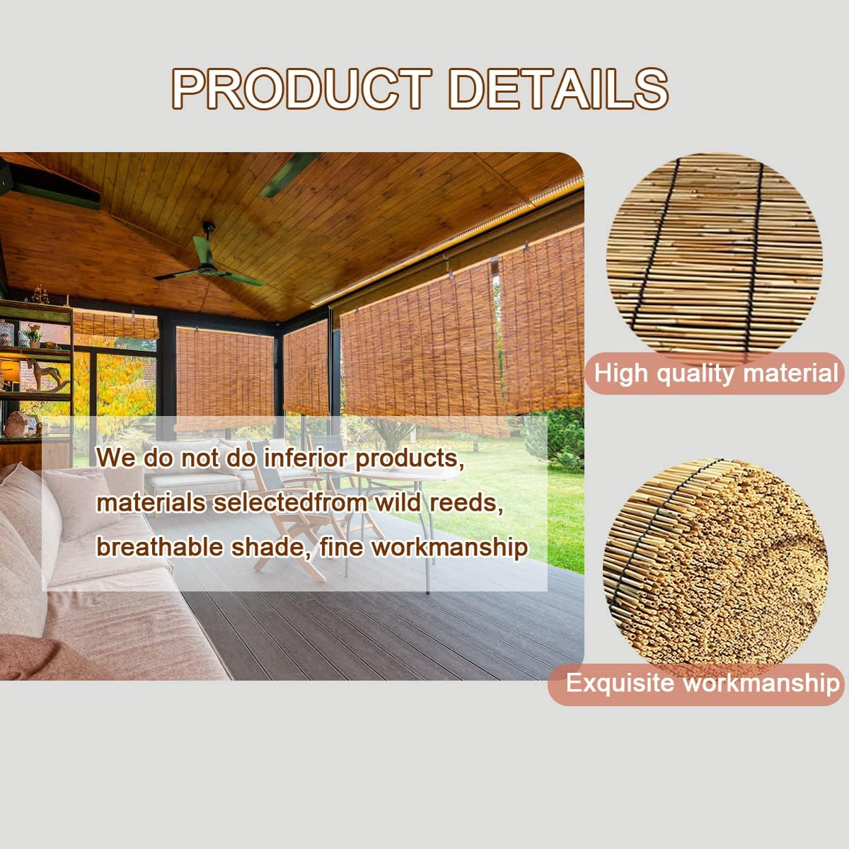 Roll Up Shades for Patio, Outdoor Reed Blinds with Lift, Porch Privacy Translucent Roller Blinds, Waterproof Anti-UV Breathable Reed Curtains, Easy to Install