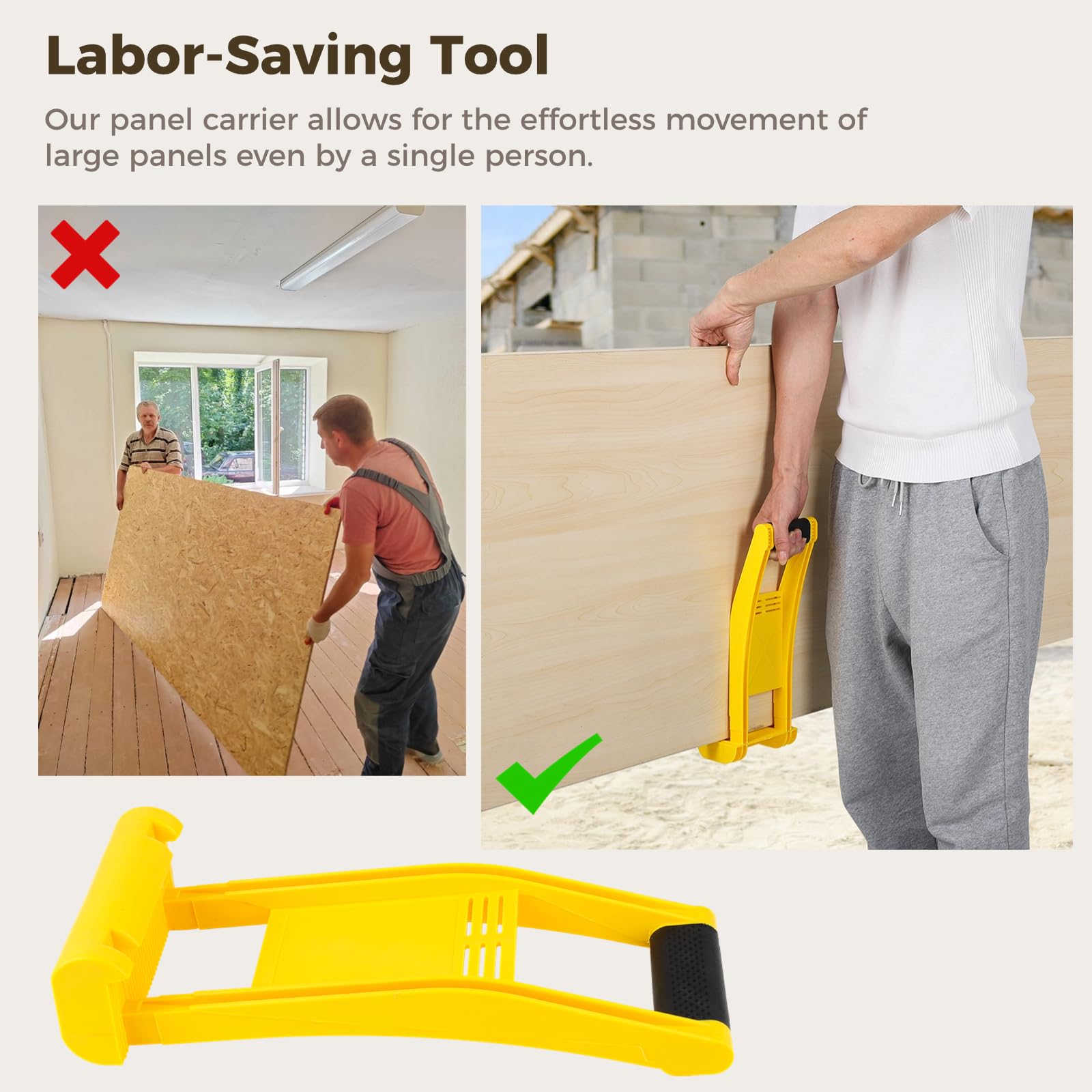 Lot de 2 supports de plaques de plâtre, poignées de transport en plastique pour cloison sèche, outil de transport de panneaux avec capacité de charge de 80 kg, outils de levage antidérapants en