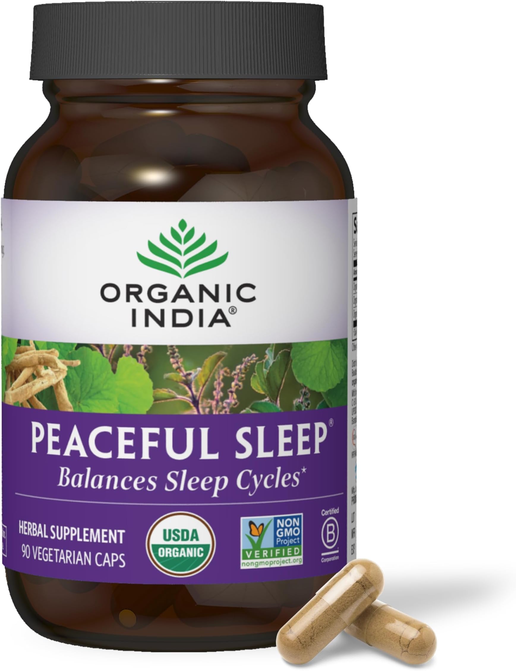 Organic India Peaceful Sleep Herbal Supplement - Supports Sleep Cycles, Vegan, Gluten-Free, USDA Certified Organic, Non-GMO, Supports Energy & Relaxation - 90 Capsules